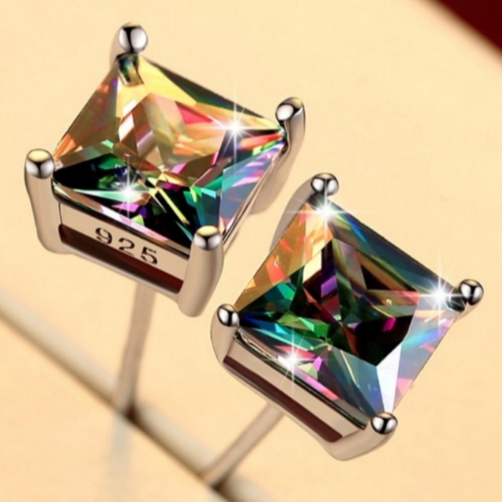 Voluka Modern Mystic Rainbow Stud Earrings Princess Cut Gift Party Bling 5mm - Picture 11 of 11